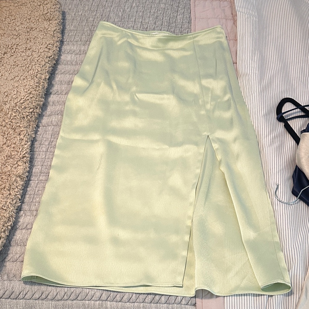 Abercrombie & Fitch Light Green Satin Midi Skirt with Front Slit